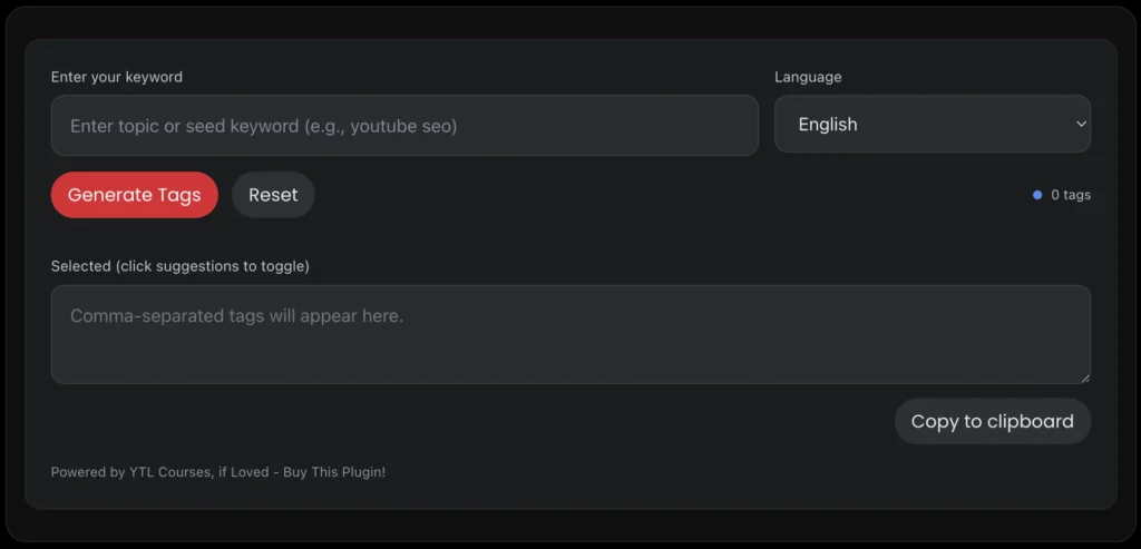 tags generator tool popup